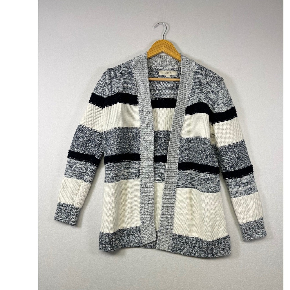 Coastal Grandma Loft Striped Open Front Cardigan Women Medium Chunky Knit Cotton